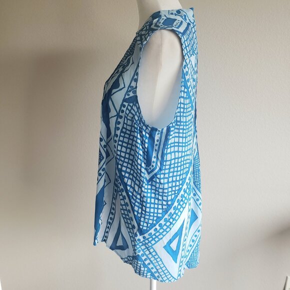 Plenty by Tracy Reese Top Blue Lightweight Soft Pleated Hi Low Geometric Size M - Picture 3 of 8